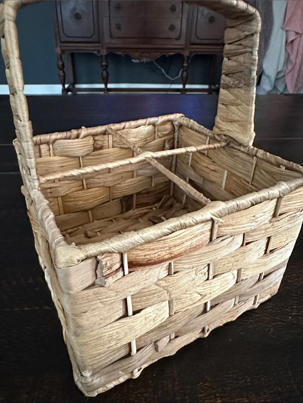 Natural Handwoven Square Divided Basket with Handle